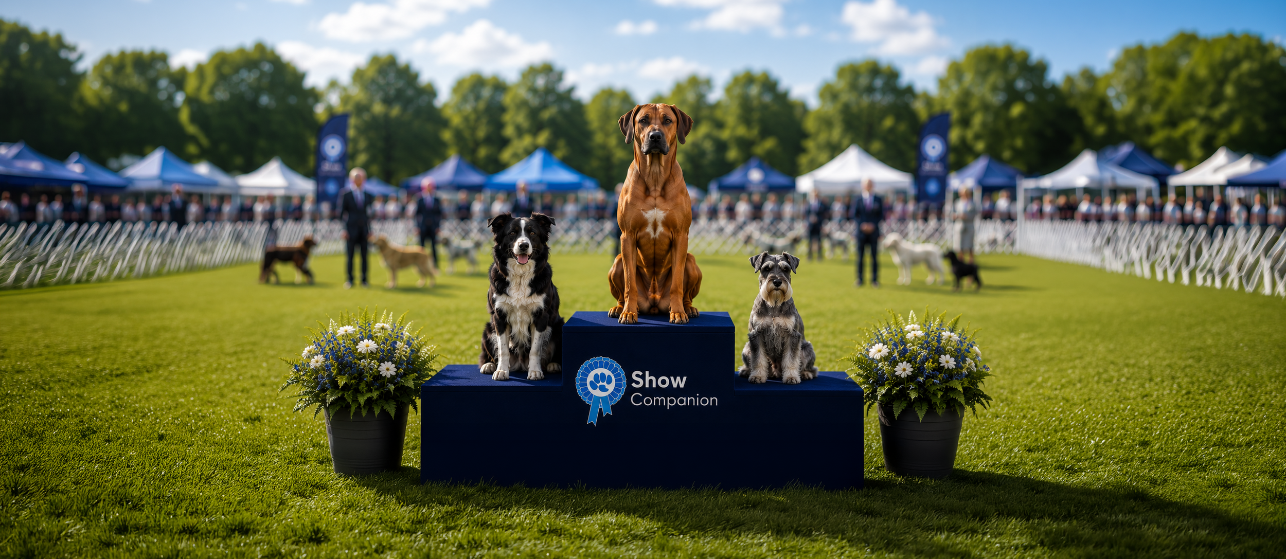 Three dogs on a show podium at a championship dog show